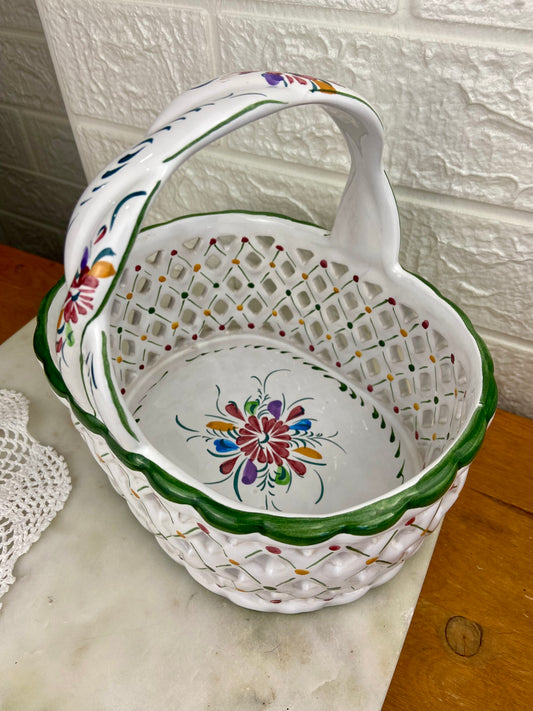 Ceramic Hand Painted Floral Lattice Basket with Twisted Handle