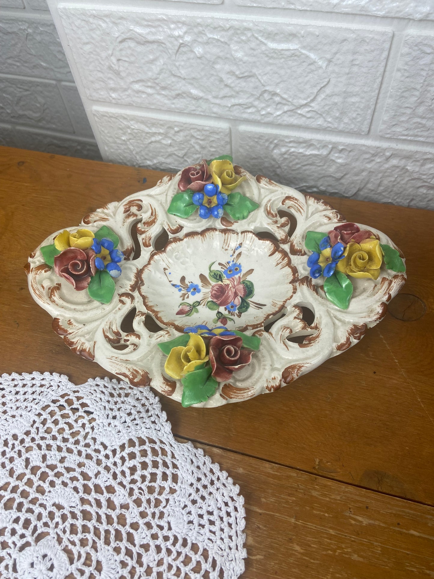 Hand Painted Ceramic Trinket Bowl with 3D Flowers and Cutouts