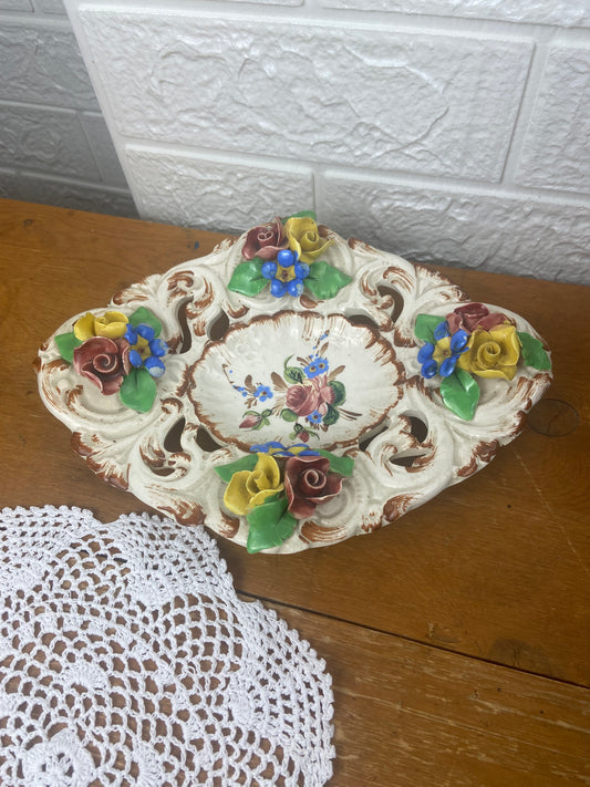 Hand Painted Ceramic Trinket Bowl with 3D Flowers and Cutouts