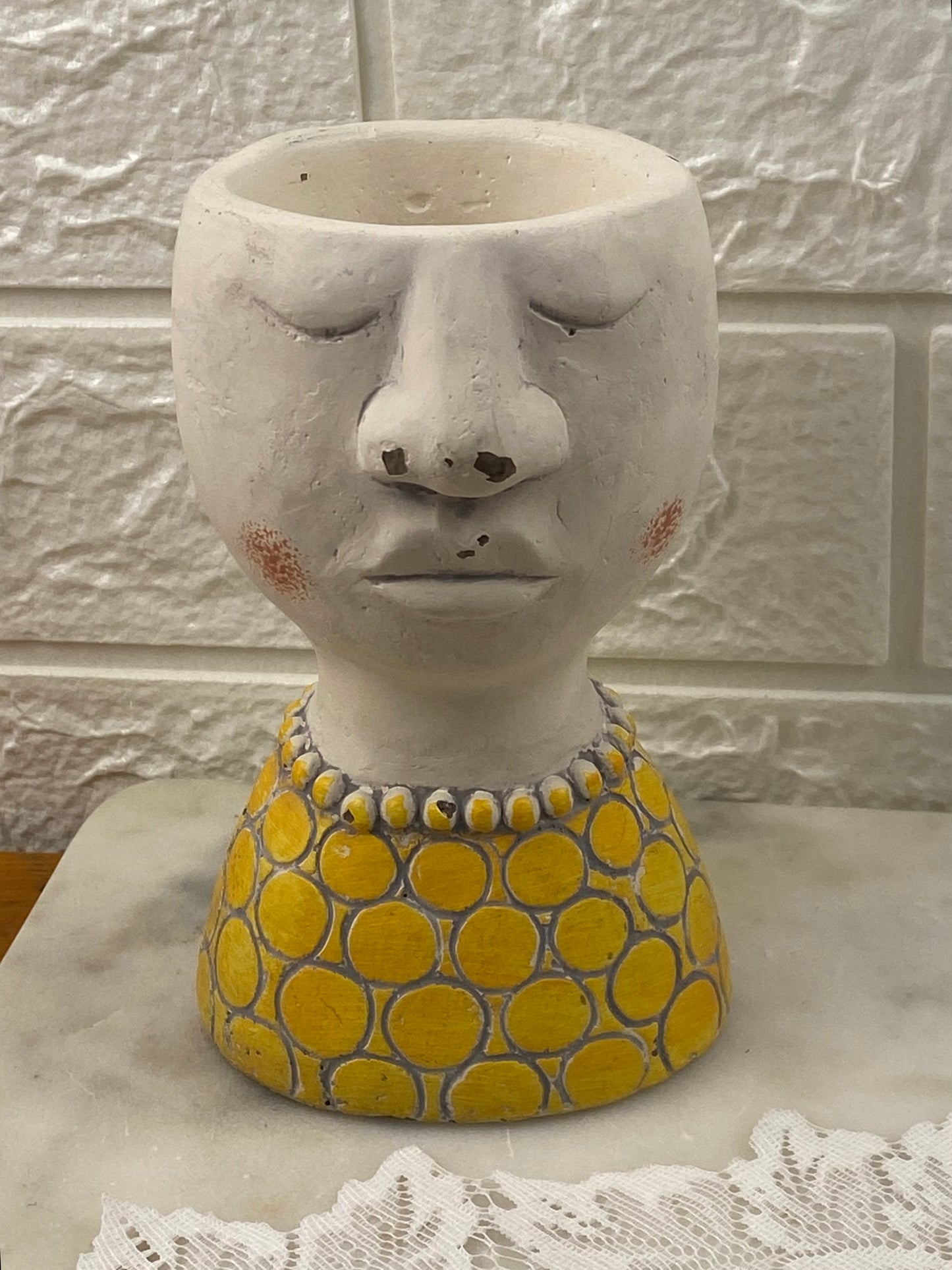 Small Hand Painted Concrete Head Planter / Candle Votive