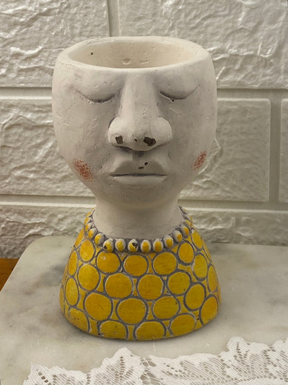 Small Hand Painted Concrete Head Planter / Candle Votive