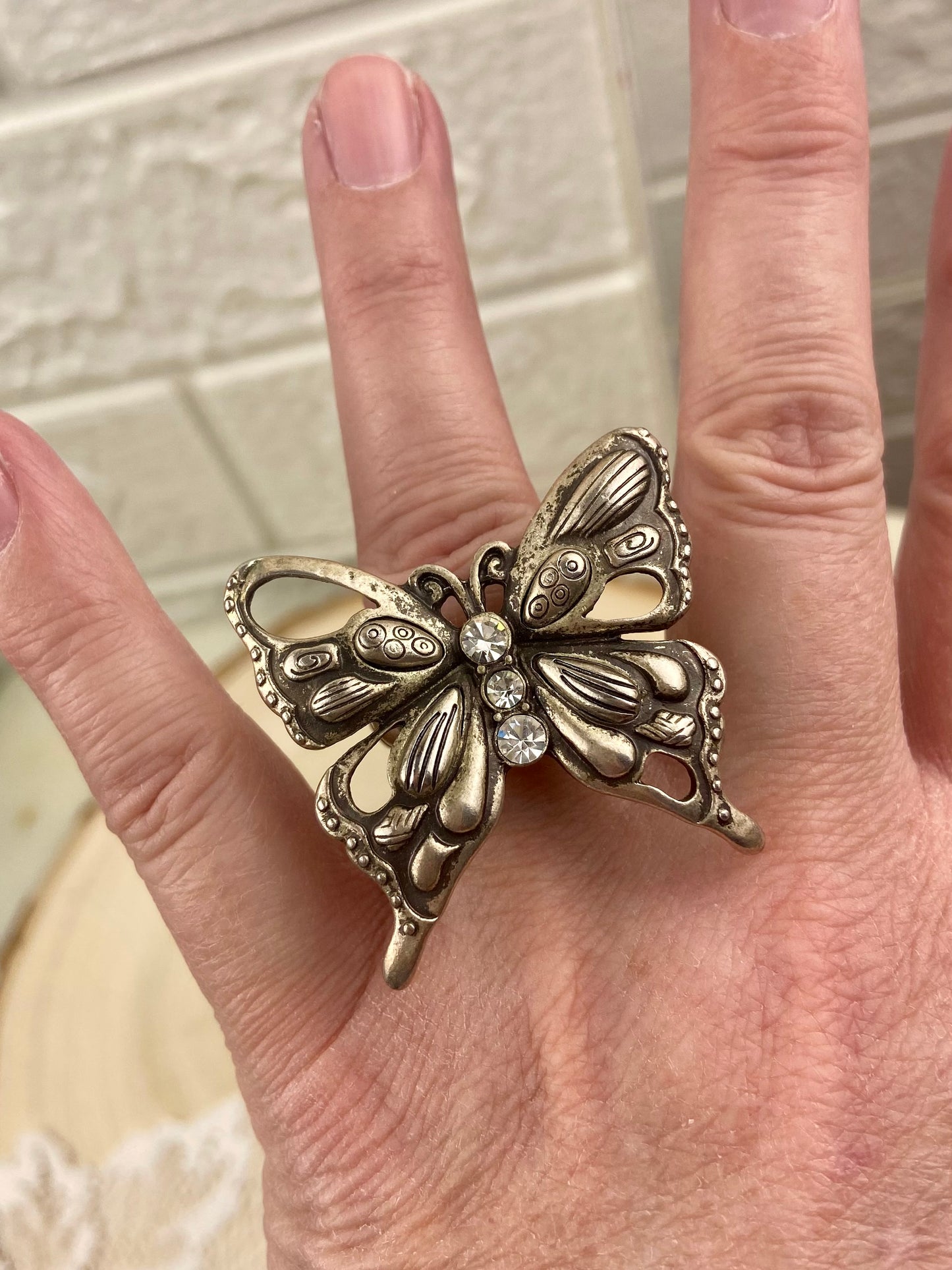 Large Metal Butterfly Ring with Rhinestones and Stretchy Band [Size 6+]