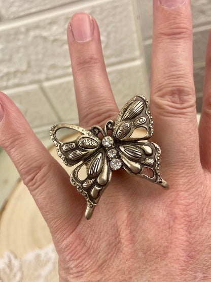 Large Metal Butterfly Ring with Rhinestones and Stretchy Band [Size 6+]