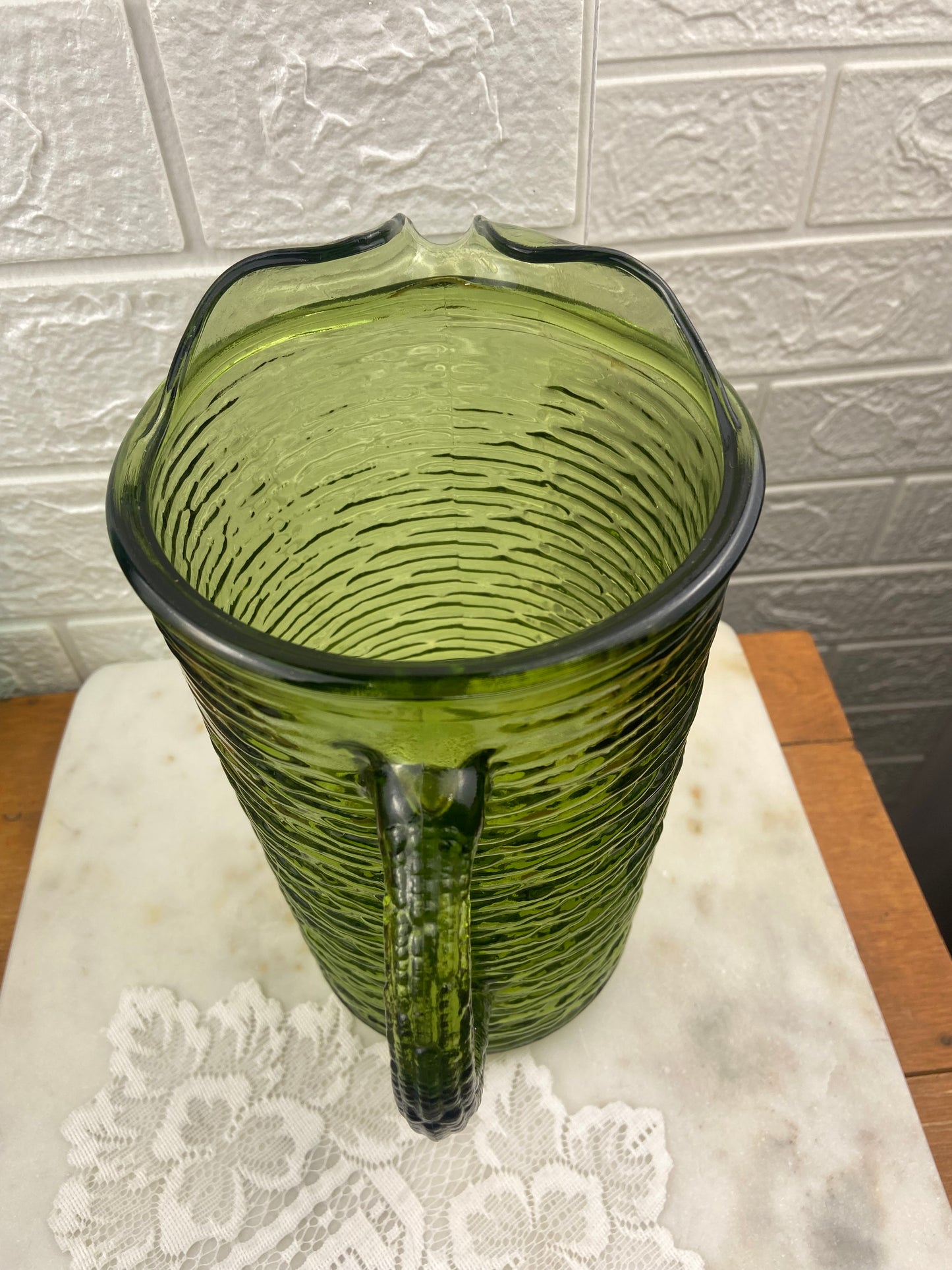 Avocado Green Textured Glass ‘Soreno’ Pitcher by Anchor Hocking | MCM