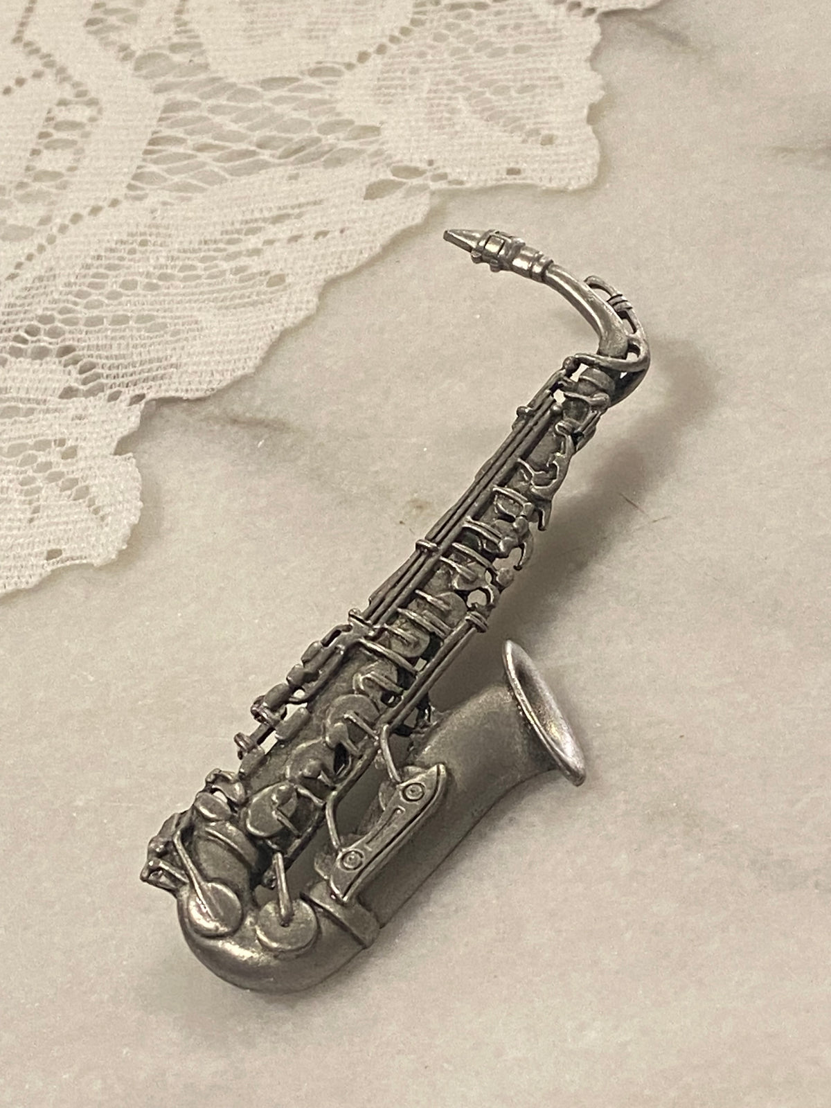 Pewter Saxaphone Brooch by Jonette Jewelry (Signed)
