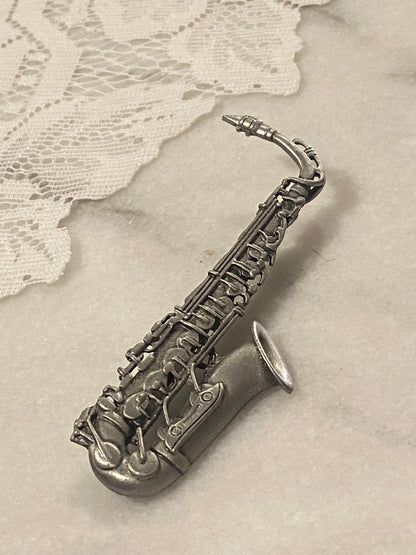 Pewter Saxaphone Brooch by Jonette Jewelry (Signed)