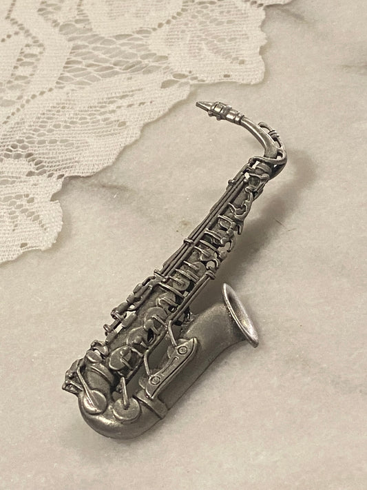 Pewter Saxaphone Brooch by Jonette Jewelry (Signed)