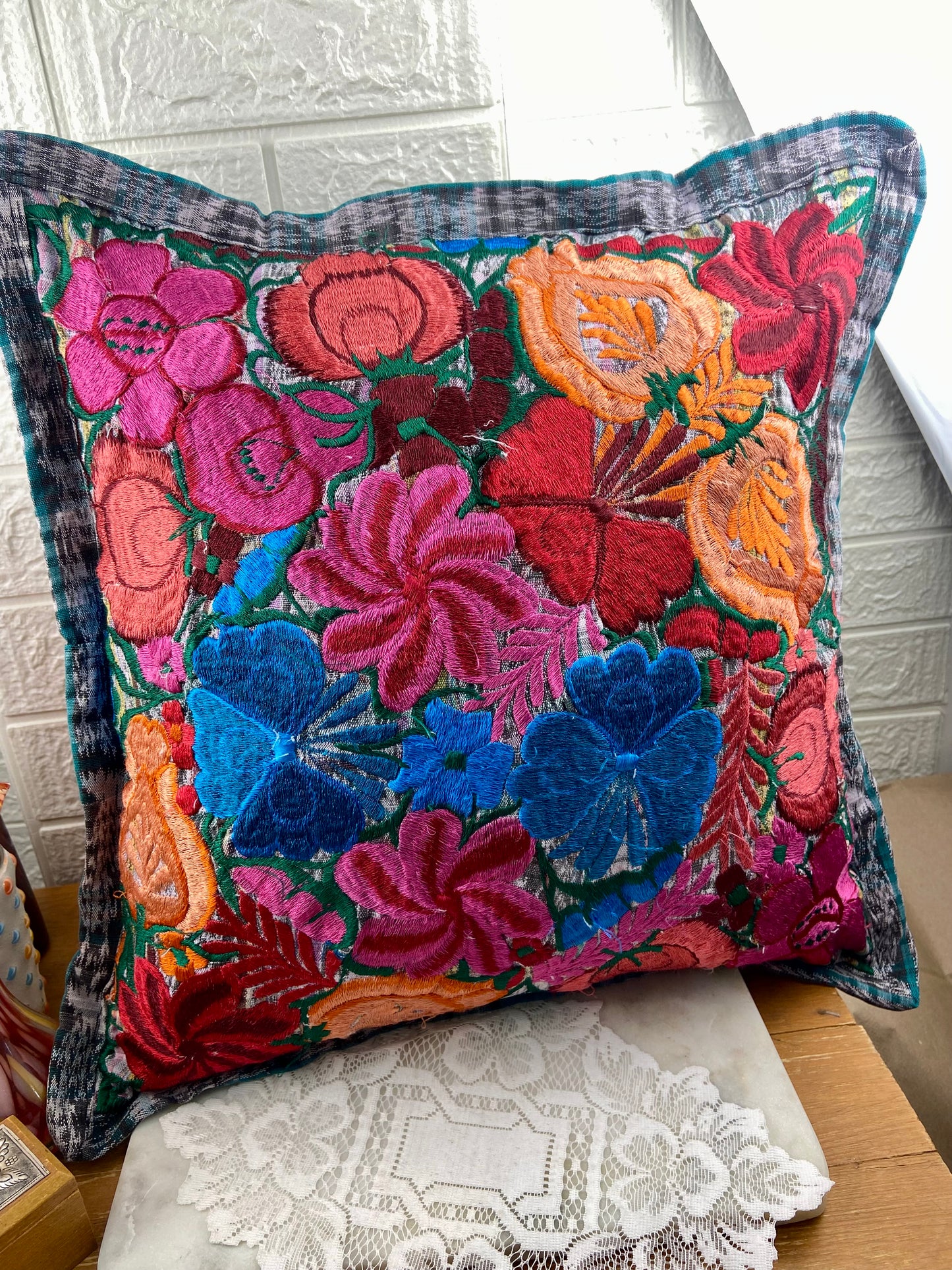 Hand Crafted Mexican Embroidered Pillow Cover with Pillow Insert