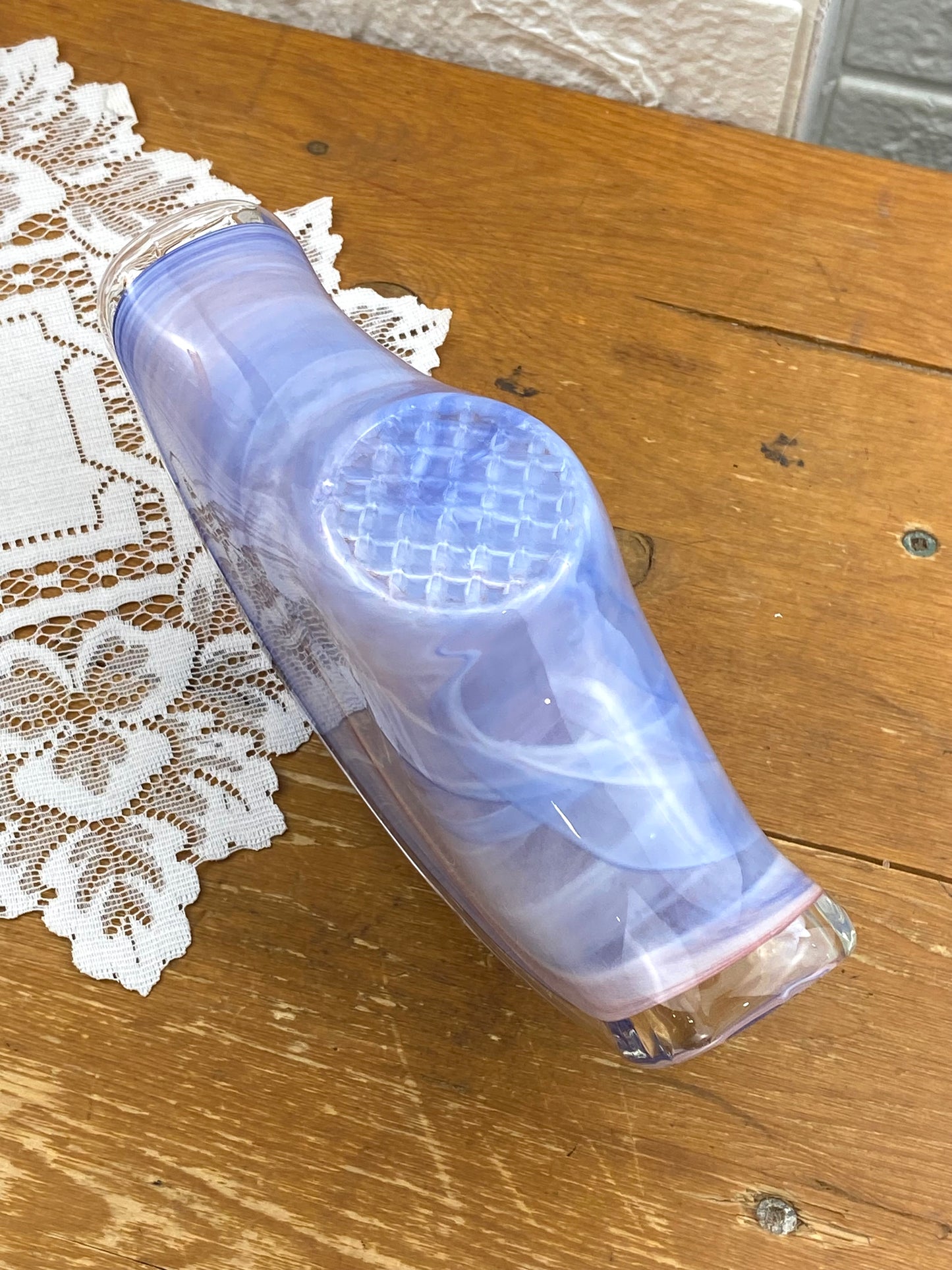 Hand Turned Purple & Blue Swirl Glass Napkin Holder with Textured Waffle Pattern Base