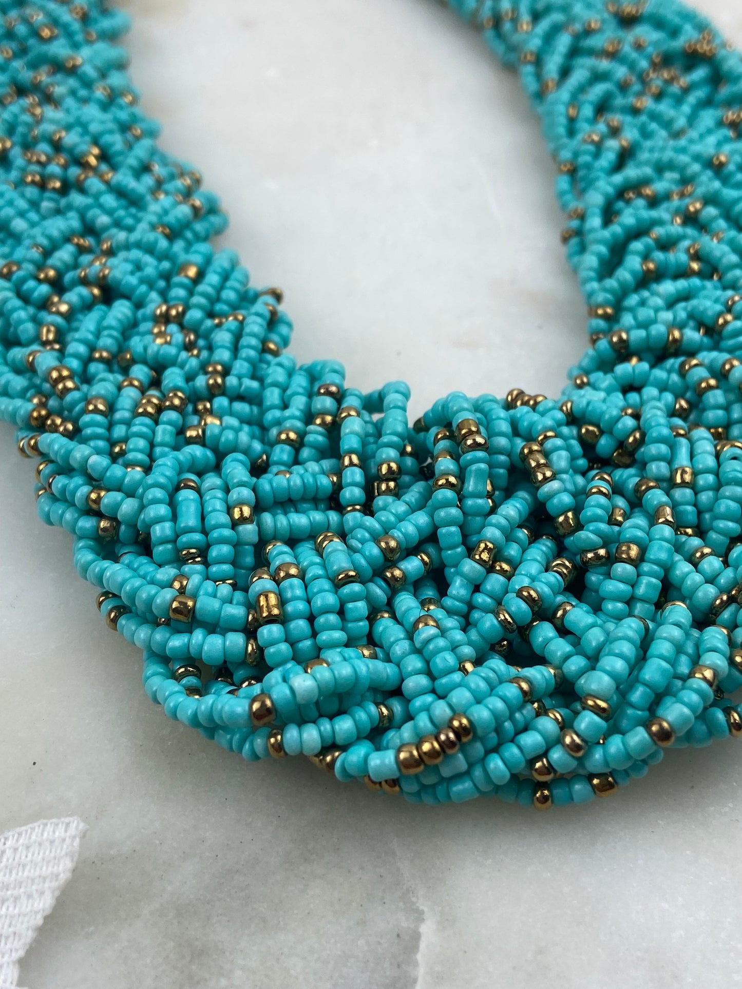 Turquoise and Gold-Tone Seed Bead Braided Necklace