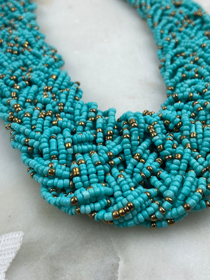 Turquoise and Gold-Tone Seed Bead Braided Necklace