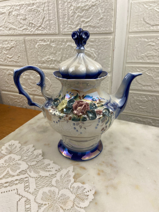 Hand Painted Blue & Cream Ceramic Teapot with 3D Flowers