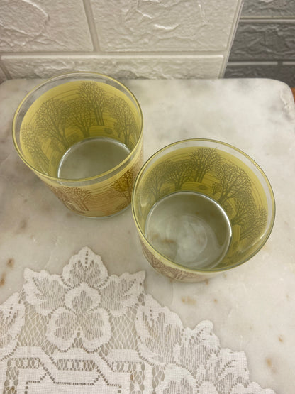 Pair of Vintage Glass Tumblers with Yellow & Gold Tree Design