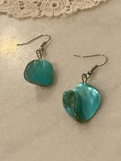 Turquoise Coloured Mother of Pearl Dangle Earrings [Hooks]