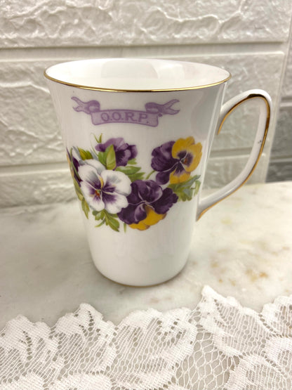 Commemorative Bone Porcelain Coffee Mug for O.O.R.P. | Purple and Yellow Pansies Pattern
