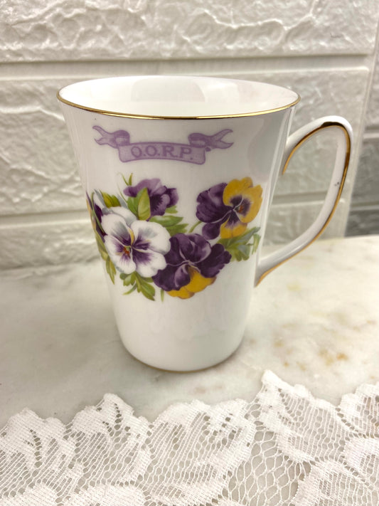 Commemorative Bone Porcelain Coffee Mug for O.O.R.P. | Purple and Yellow Pansies Pattern
