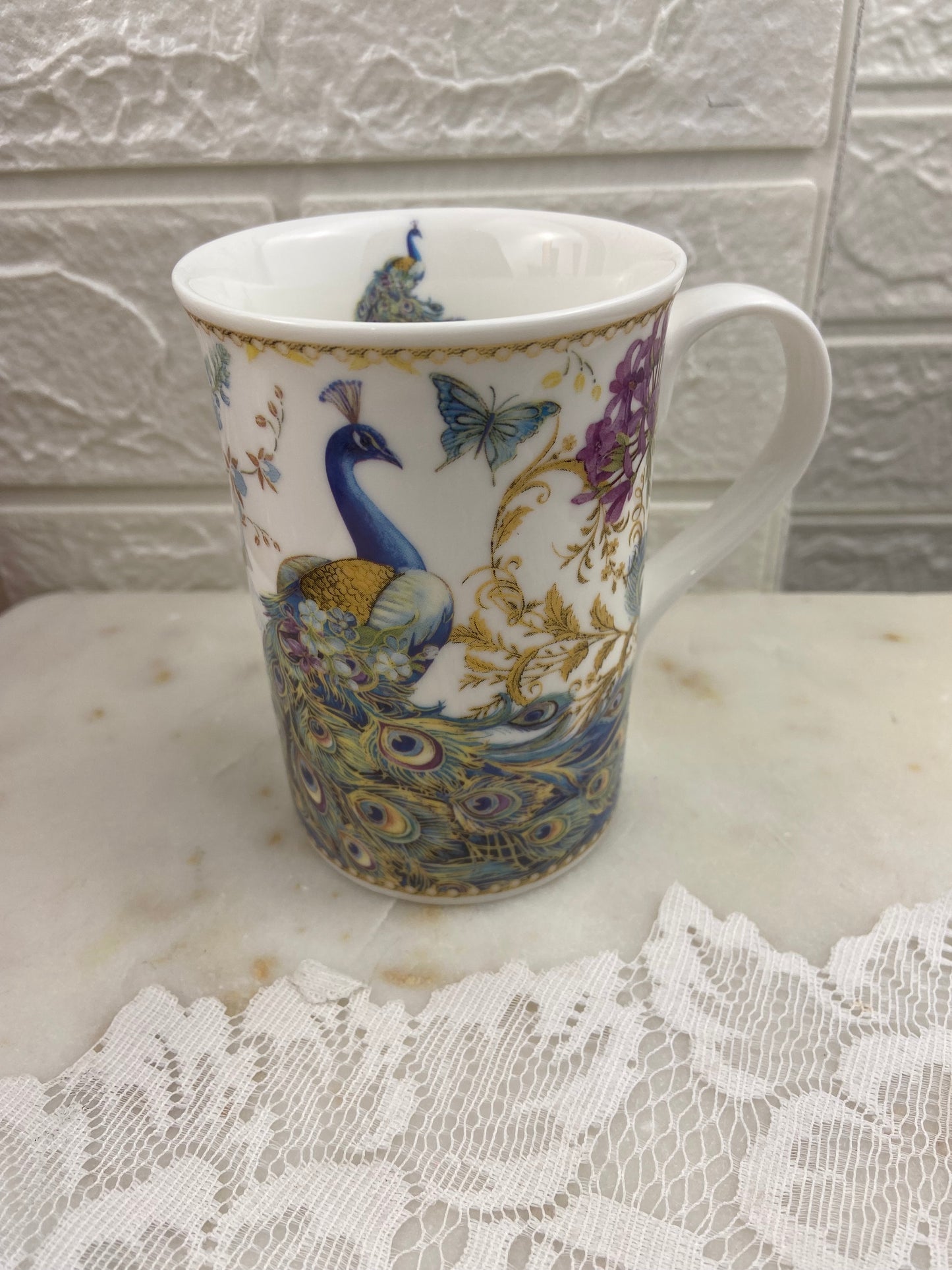 Porcelain Coffee Mug with Peacock Design by Summer River