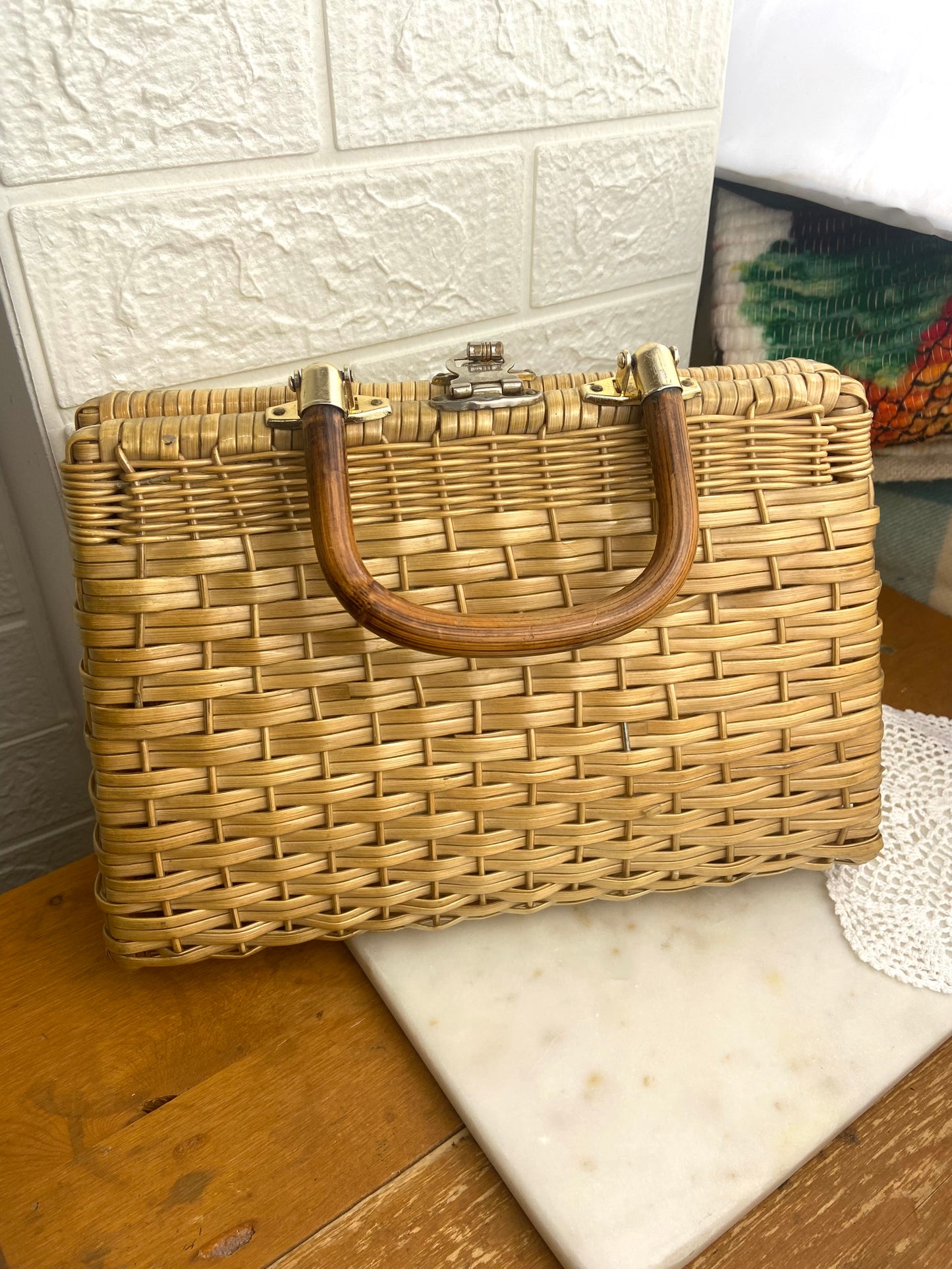 Plastic Coated Wicker Purse with Bamboo Handle