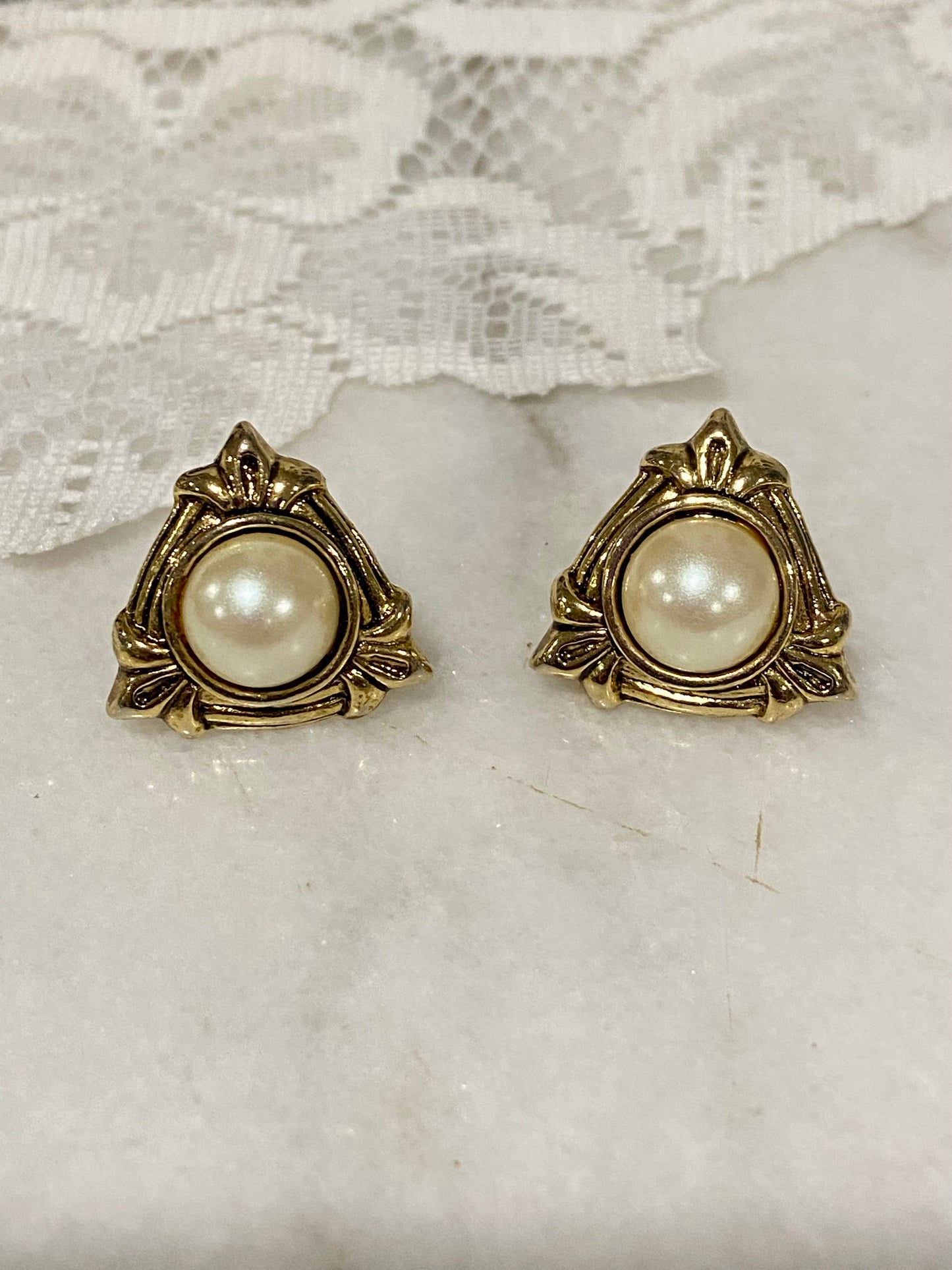 Metal & Faux Pearl Triangular Earrings | Gold-Tone [Posts]