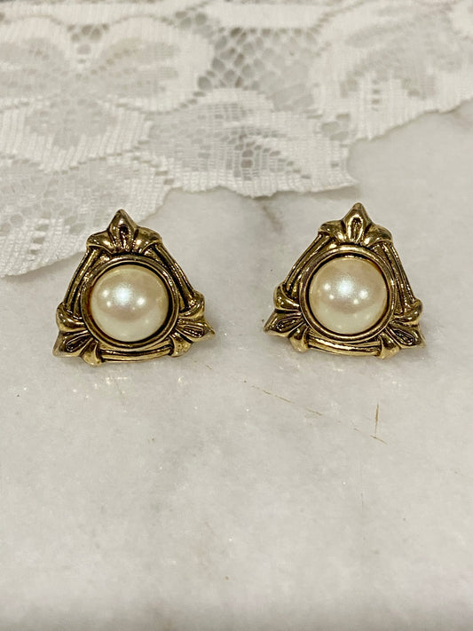 Metal & Faux Pearl Triangular Earrings | Gold-Tone [Posts]