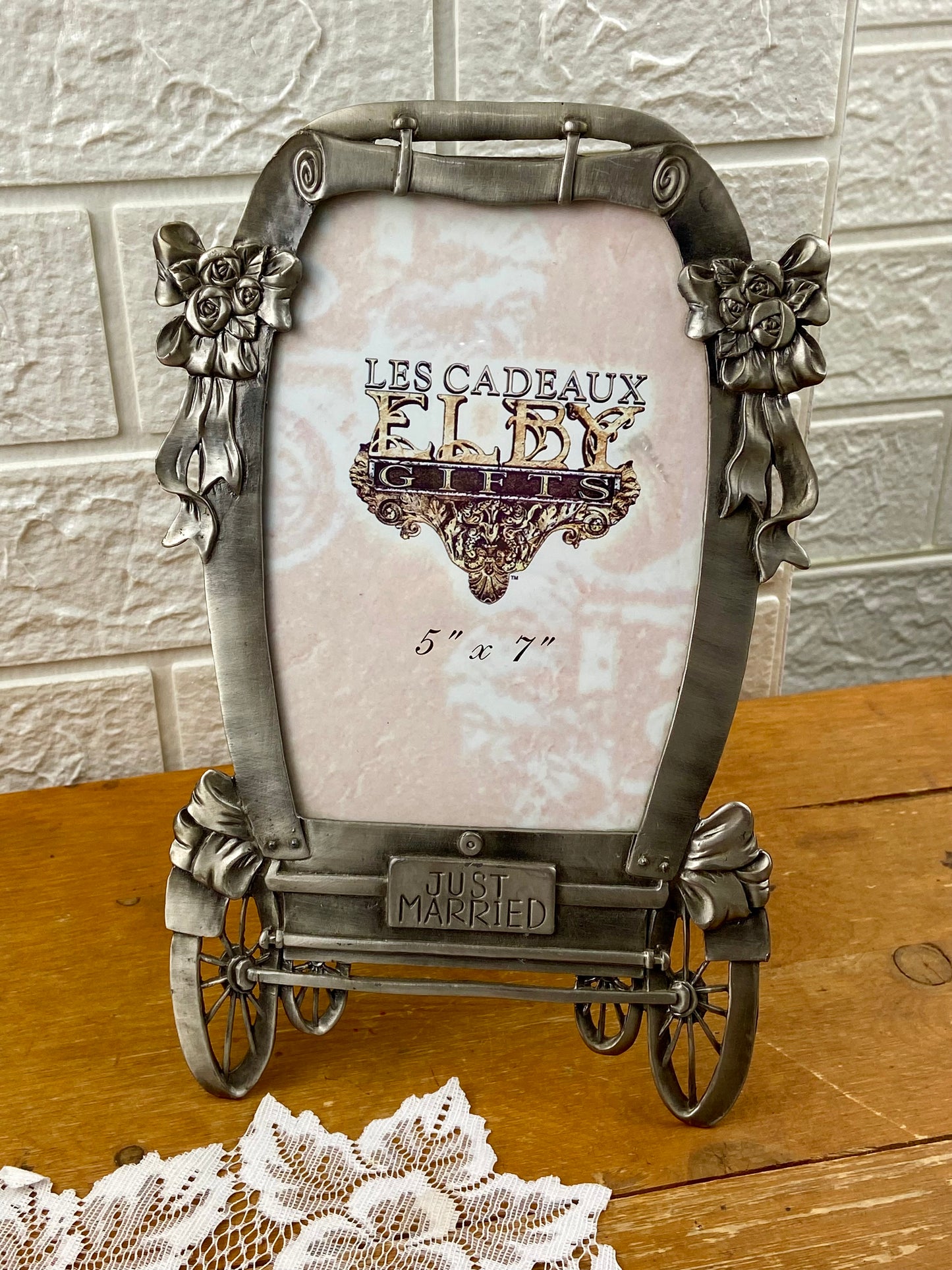 Pewter ‘Just Married’ Wagon Picture Frame [5” x 7”] by Elby Gifts