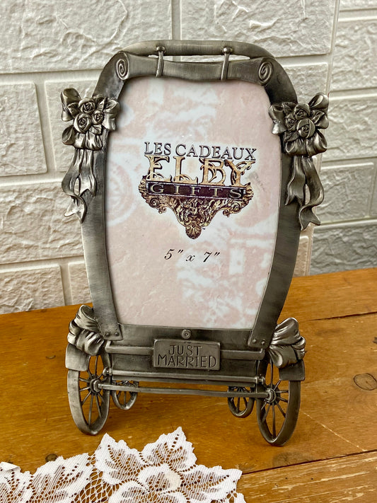 Pewter ‘Just Married’ Wagon Picture Frame [5” x 7”] by Elby Gifts