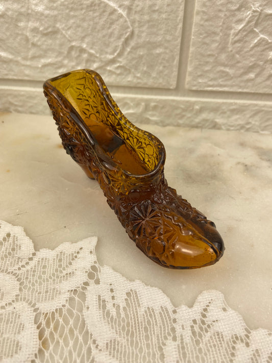 Dark Amber Glass Slipper with Button & Daisy Pattern | Match Strike Heel
