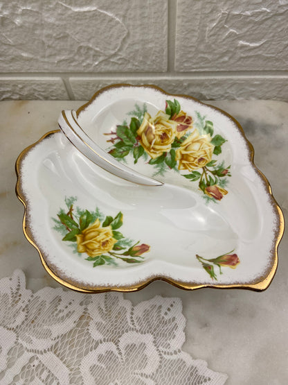 Royal Albert Bone China Divided Leaf-Shape Snack Plate | Tea Rose Pattern