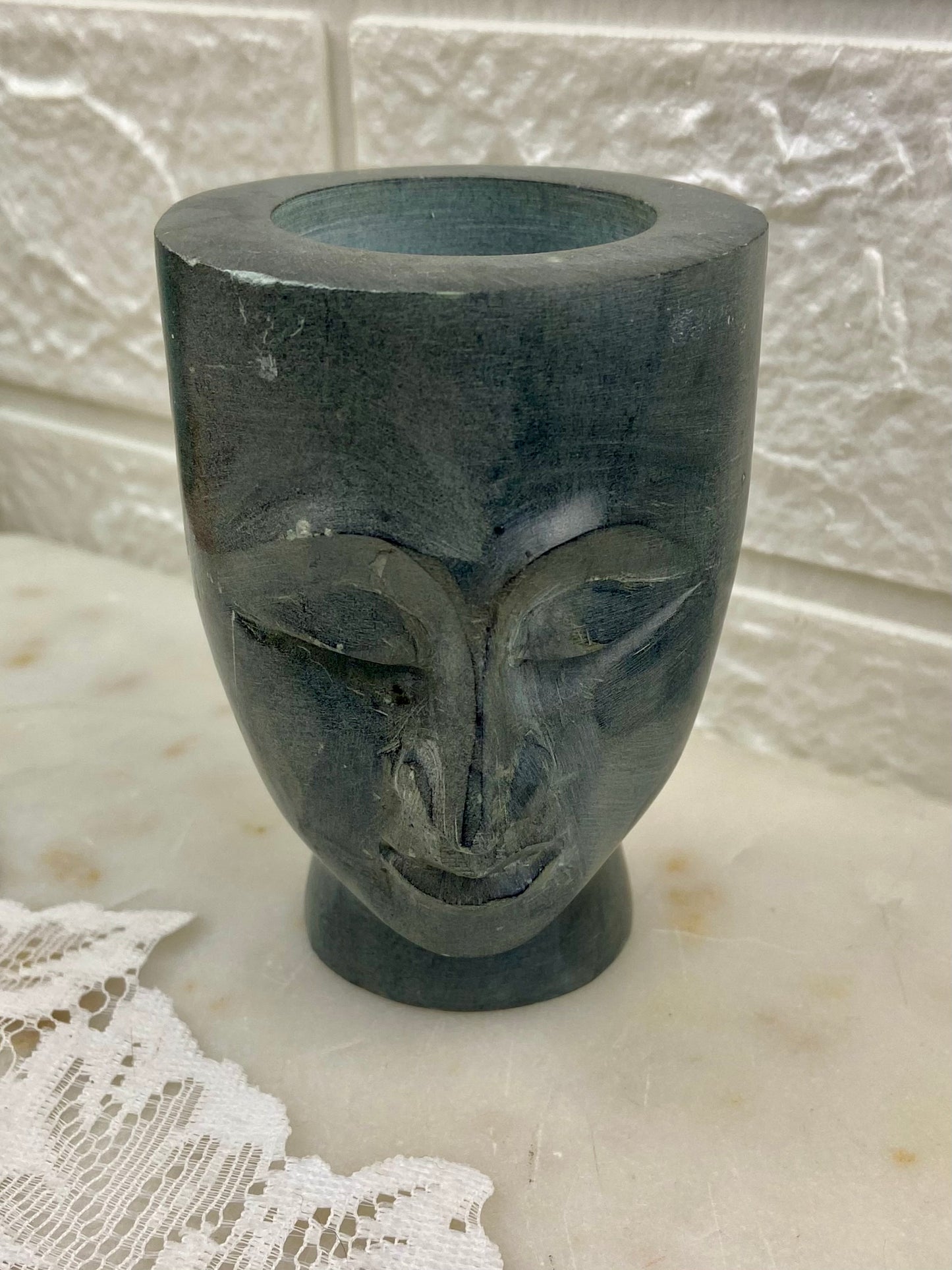 Small Carved Stone Head Candle Holder