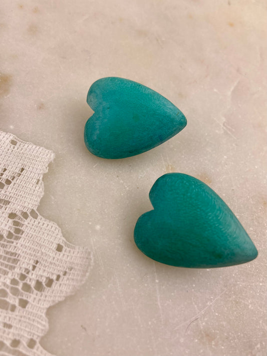 Turquoise Painted Wooden Heart-Shaped Earrings [Clip-Ons]