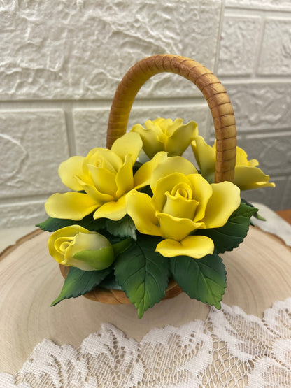 Hand Painted Bisque Porcelain Basket of Yellow Roses and Rosebuds