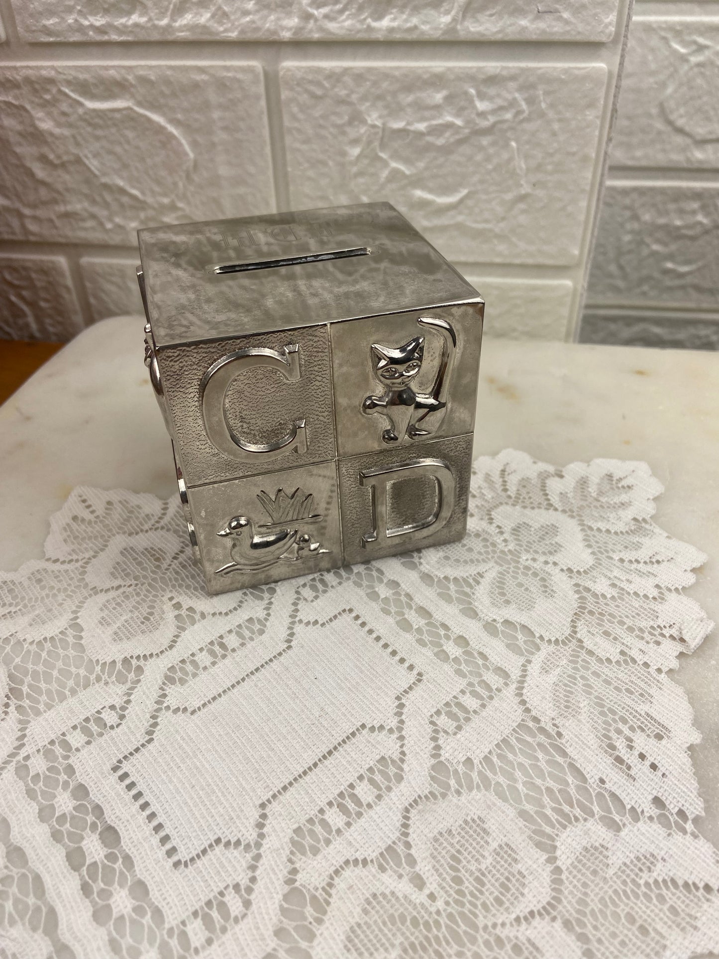 3” Silver-Plated Coin Bank | Alphabet Cube with Animals