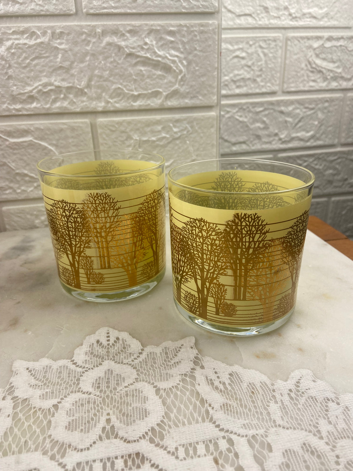 Pair of Vintage Glass Tumblers with Yellow & Gold Tree Design