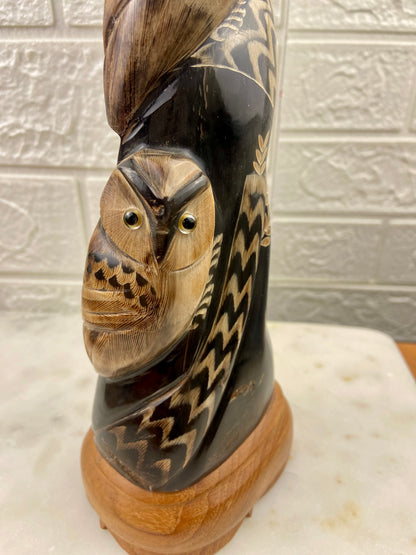 Hand-Carved Pair of Owls Sculpture from Water Buffalo Horn | Wooden Base