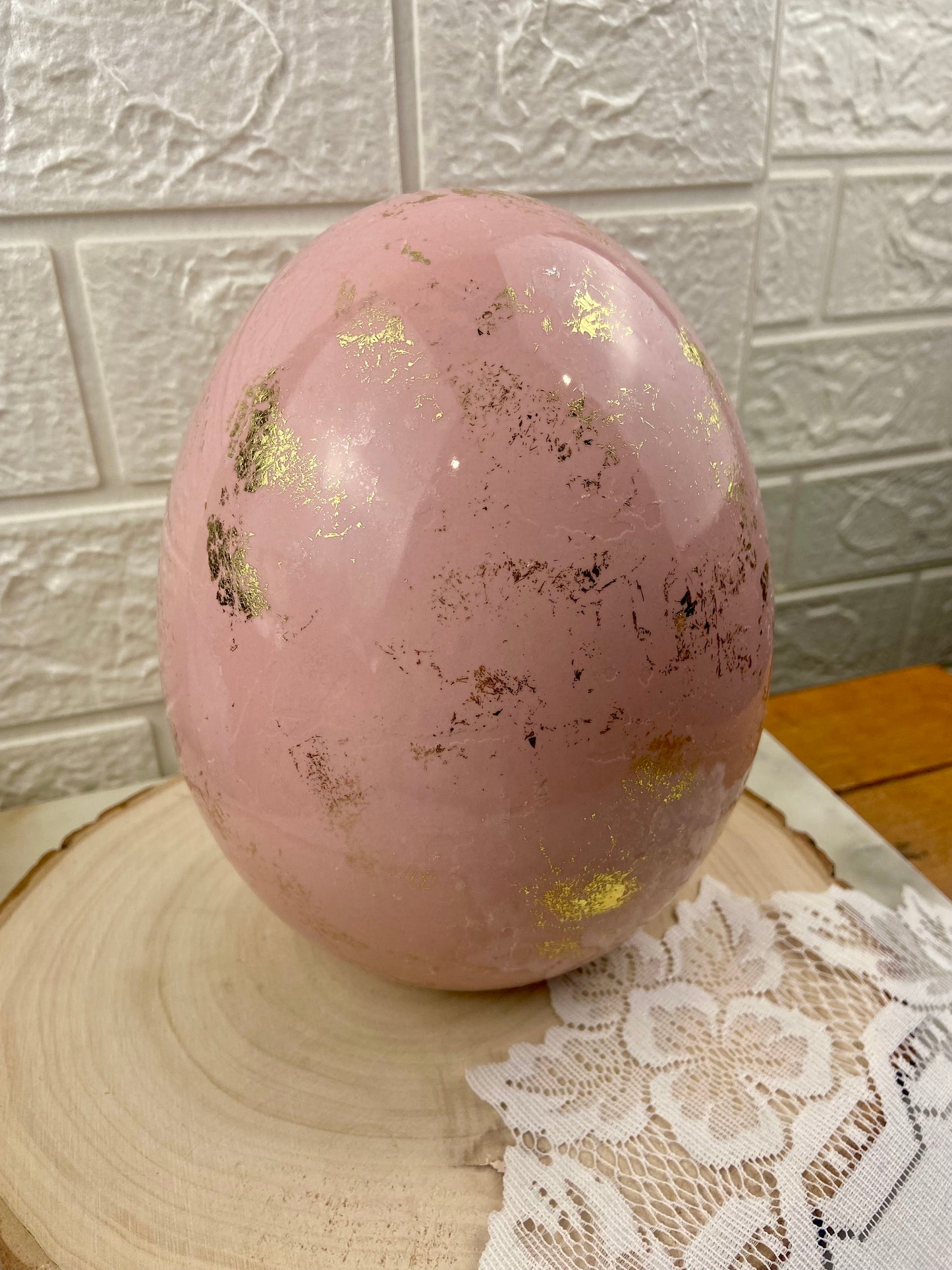 Large Pink Ceramic Easter Egg with Gold Speckled Pattern