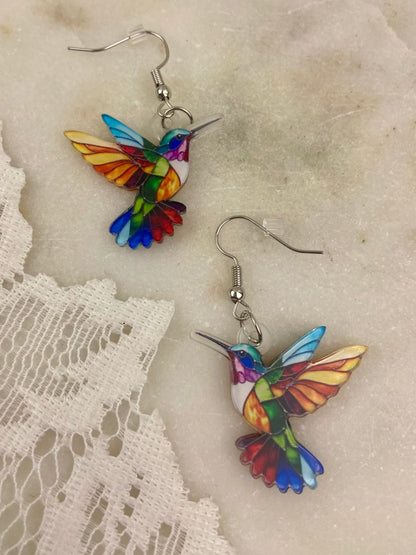 Colourful Plastic Hummingbird Dangle Earrings [Hooks]