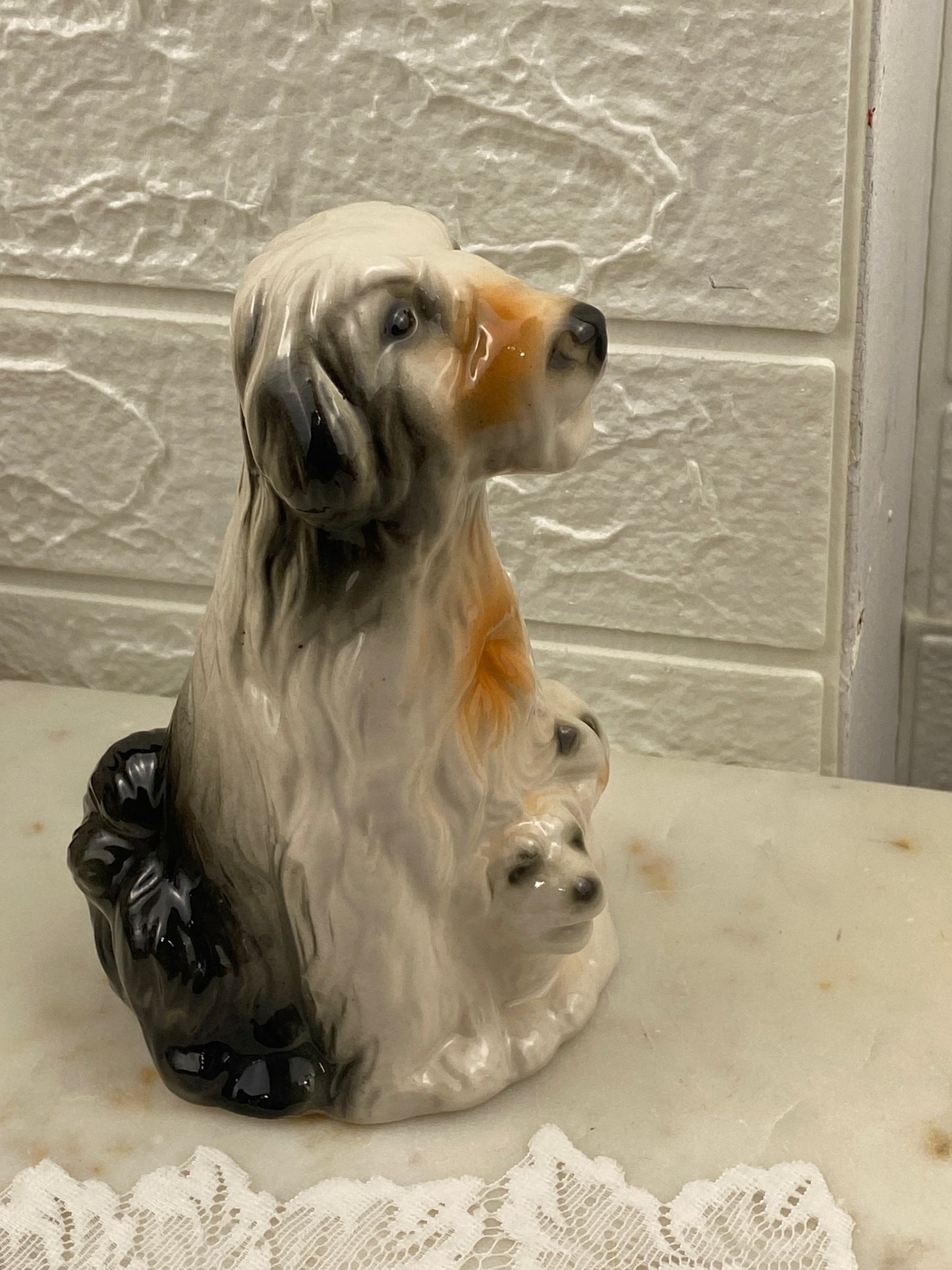 Hand Painted Porcelain Sheepdog with Puppies