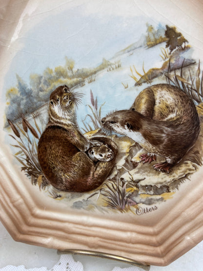 Hexagonal Ceramic Decorative Plate with Family of Otters