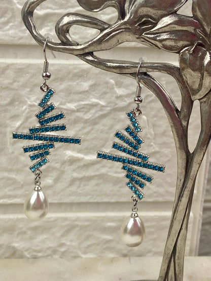 Timeless Tapestry Sparkling [Hooks] Silver-Tone Dangle Earrings with Sea Blue Rhinestones