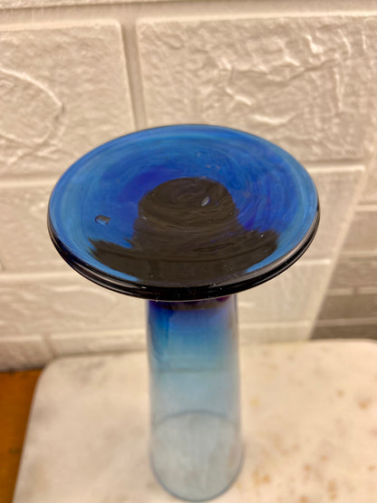 Hand Blown Fluted Blue Glass Vase with Cobalt Blue Base and Gradient Colour | 9.5”