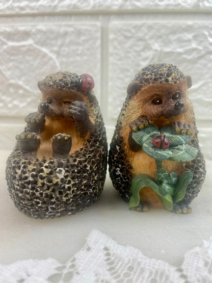Hand Painted Resin Hedgehog Salt & Pepper Shakers with Ladybugs by Bramble & Clover