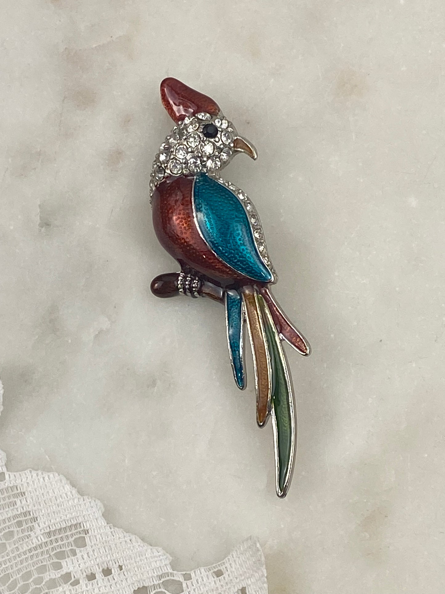 Enamel & Rhinestone Parrot Brooch