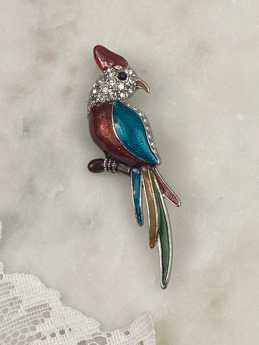 Enamel & Rhinestone Parrot Brooch