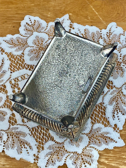 Footed Metal Jewelry Box with Embossed Lid and Navy Blue Velvet Lining