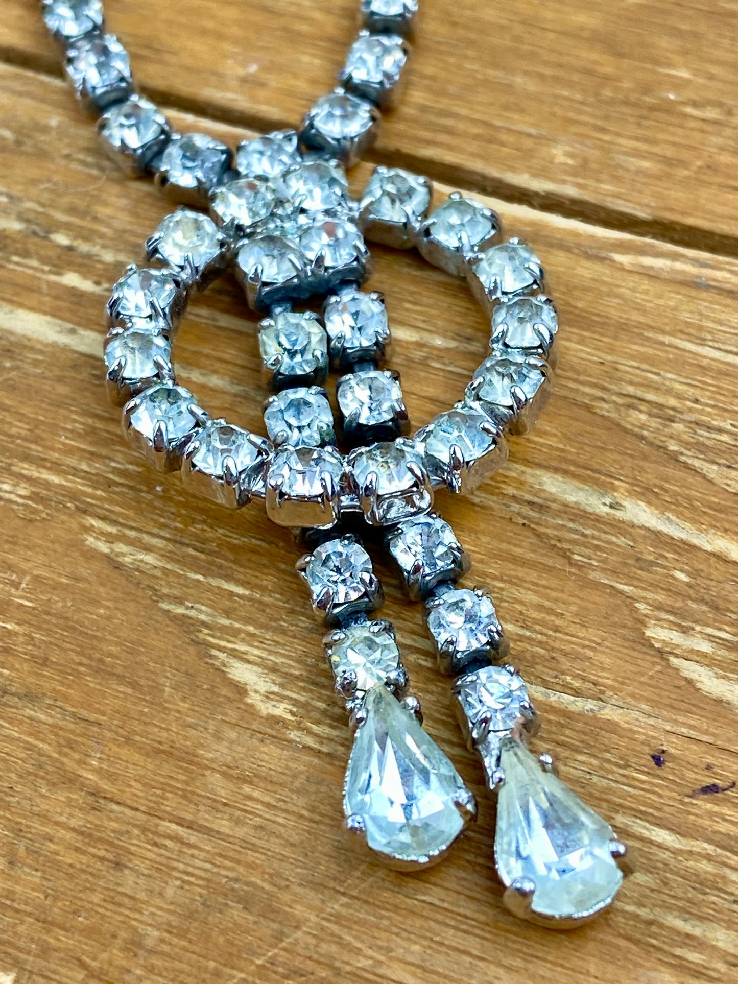 Vintage Rhinestone Necklace with Circular Pendant with Dangling Teardrop Rhinestones