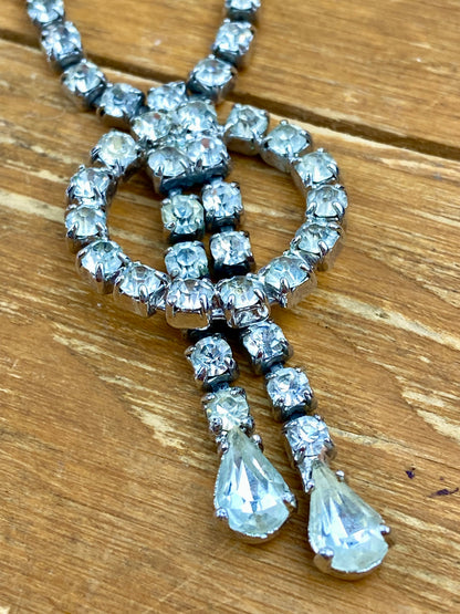 Vintage Rhinestone Necklace with Circular Pendant with Dangling Teardrop Rhinestones