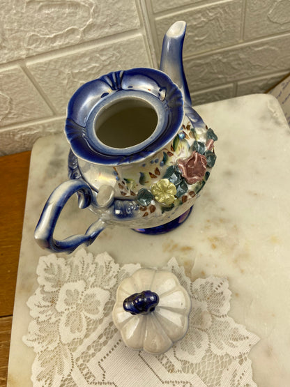 Hand Painted Blue & Cream Ceramic Teapot with 3D Flowers
