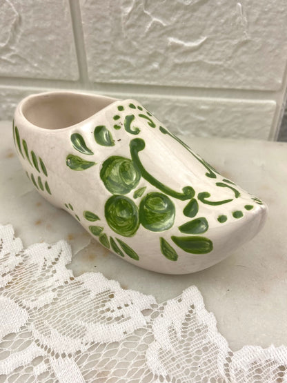 Hand Painted Green and Cream Ceramic Clog by Cresteramics, BC