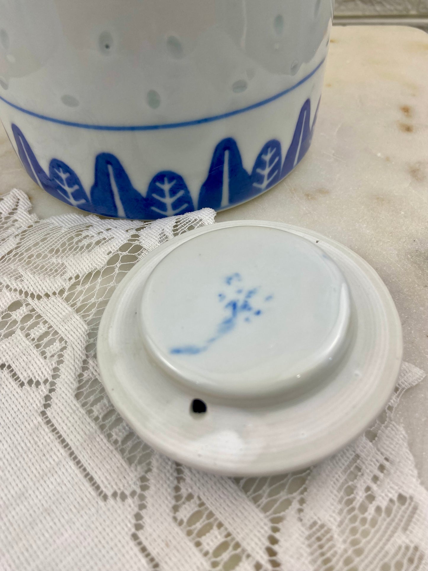 Blue and White Chinese Teapot with Translucent Ling Long or Rice Grain Pattern | Rattan Handle
