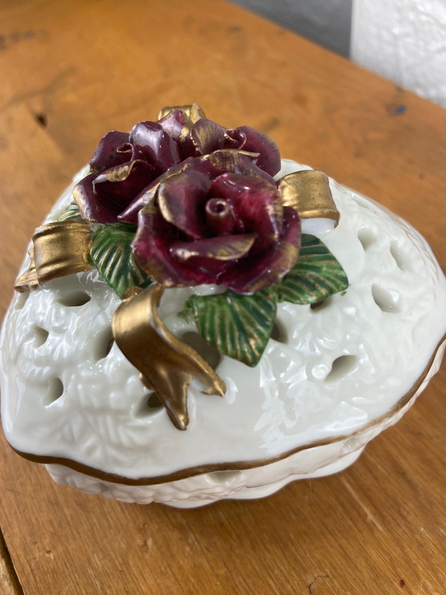 Ceramic Heart-Shaped Trinket Box with Floral Accents
